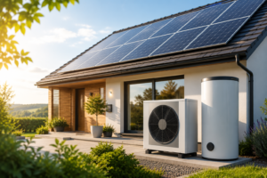 Das Beitragsbild für "Photovoltaik und Wärmepumpe: 5 Tipps für eine effiziente Kombination" mit einem Haus, ausgestattet mit PV und Wärmepumpe