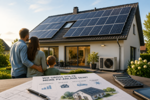 Haus mit Photovoltaikanlage und Familie. Vorne im Bild ein Tisch mit Aufzeichnungen.