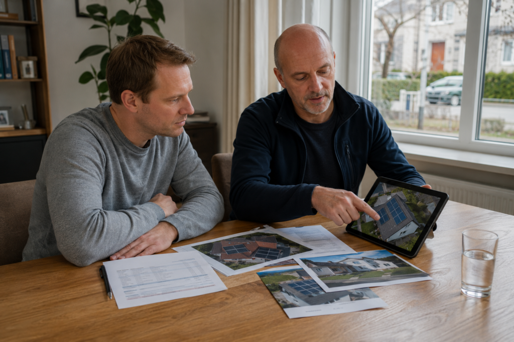 Hausbesitzer und Solarberater besprechen die Planung einer Photovoltaikanlage an einem Tisch.