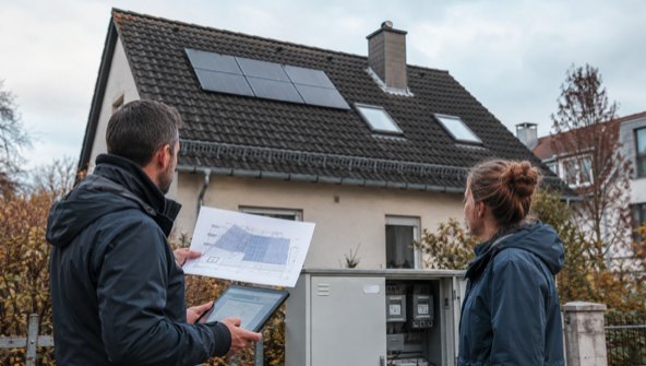 Fachberater und Hausbesitzer prüfen Dach und Unterlagen für die Planung einer Photovoltaikanlage.