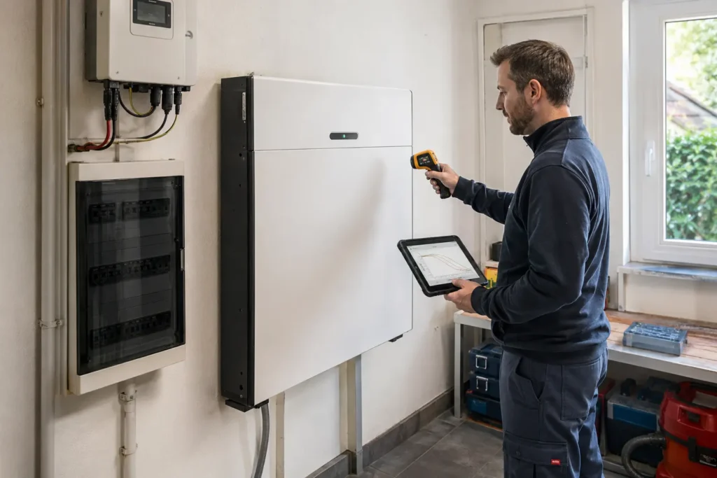 Servicetechniker prüft den Zustand und die Kapazität eines Batteriespeichers