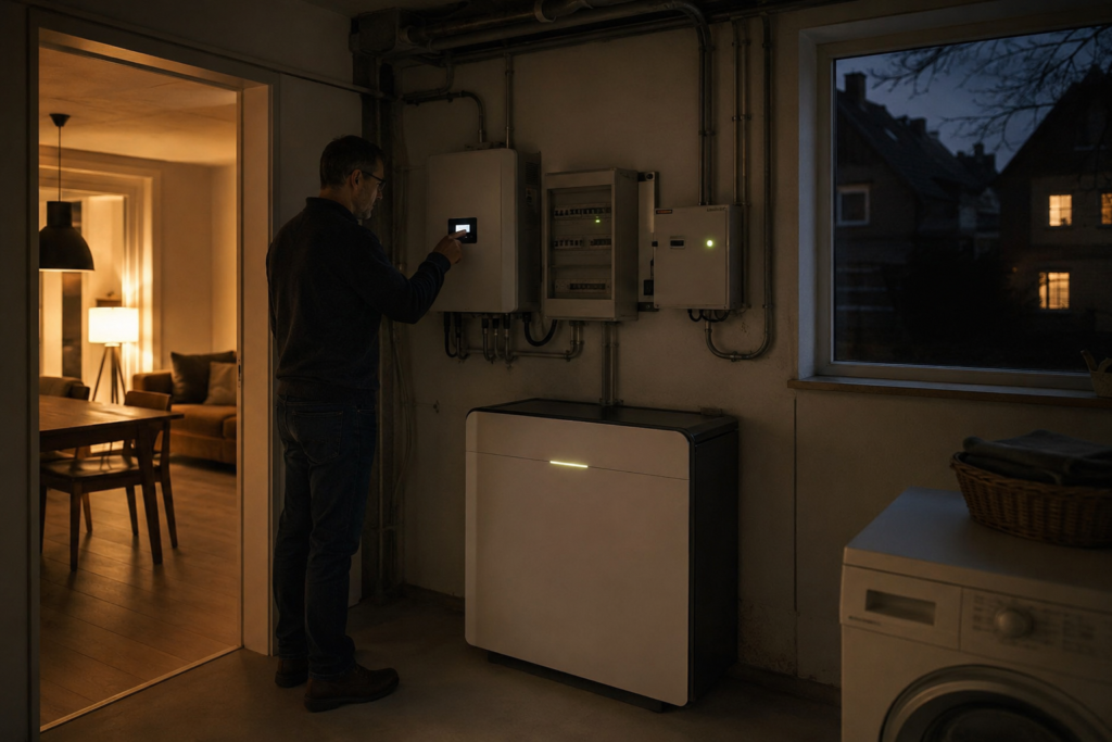 Hausbesitzer prüft die Ersatzstromversorgung aus Batteriespeicher und Photovoltaik während eines Netzausfalls.