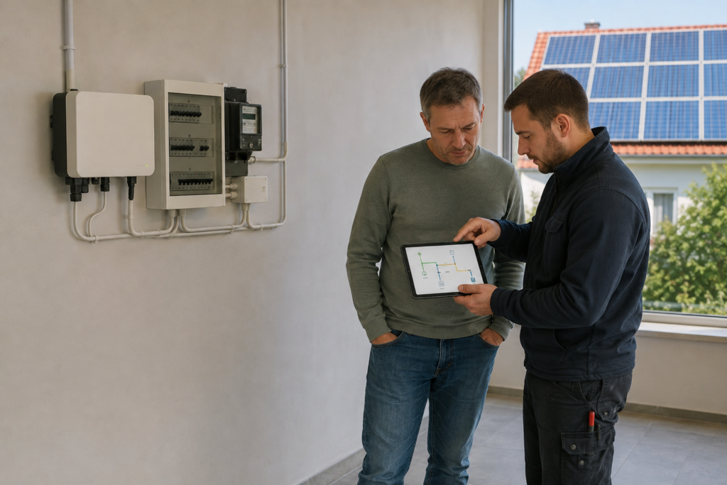 Photovoltaikinstallation ohne Batteriespeicher mit Wechselrichter, Stromverteilung und Beratung im Technikraum.