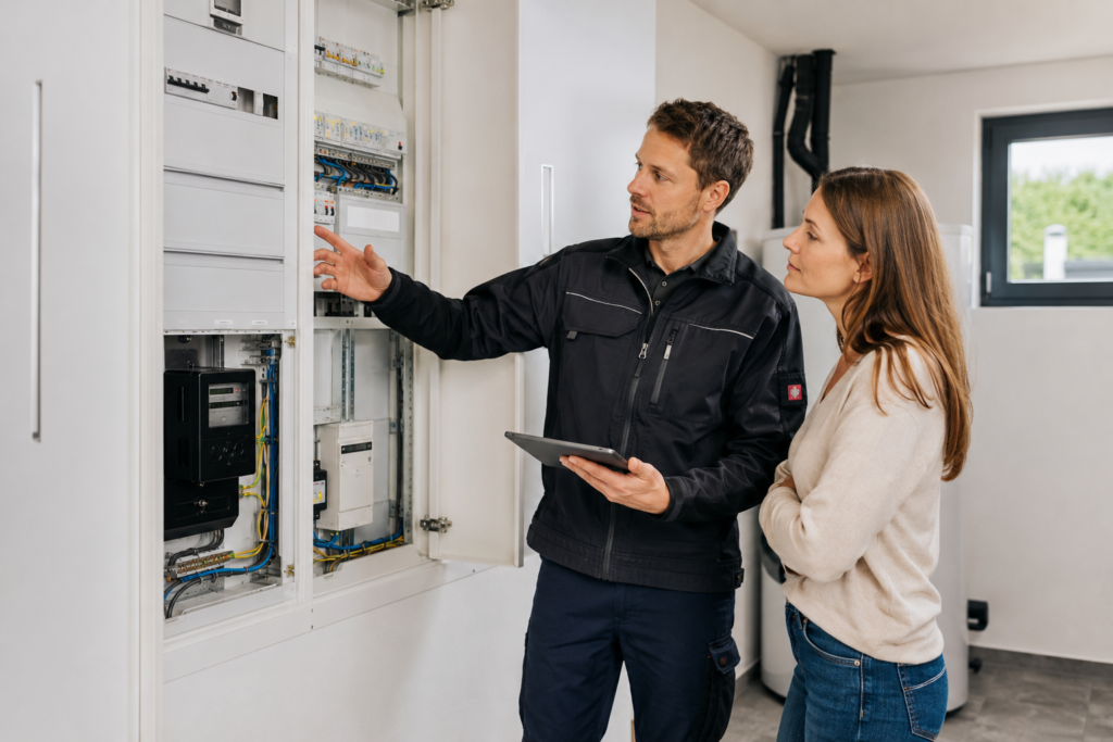 Elektriker prüft einen Zählerschrank für die Planung einer Photovoltaikanlage.